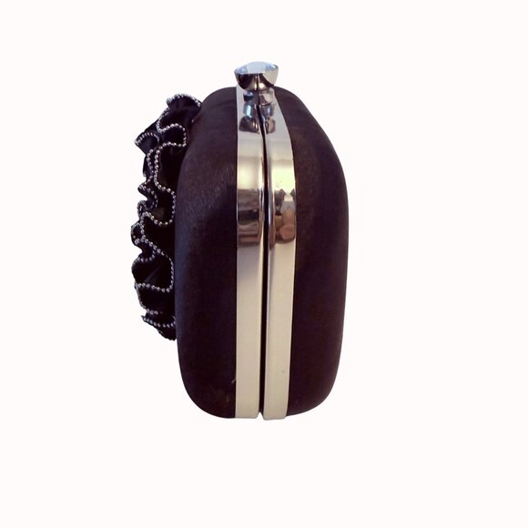 Charming Charlie Black Satin Clutch Purse Rhinestone Evening Bag Hard Case Ruffl - Picture 5 of 15